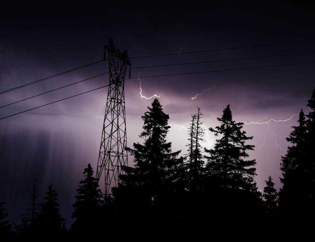 Lightning behind an overhead line